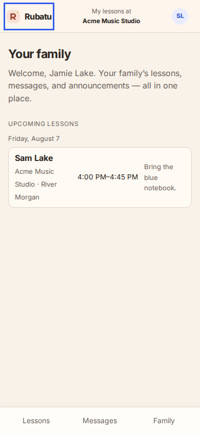 The Rubatu Family view showing Sam’s next lesson, Teacher, place, time, and shared notebook reminder.